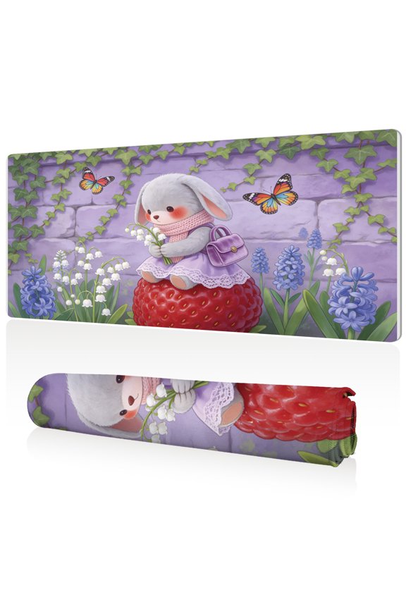 Mouse Pad 80x40cm Extra Large Non Slip Stitched Edges Full Coverage Durable Easy Clean Cute Bunny with Flowers on Raspberry in Garden Art for Gaming Office