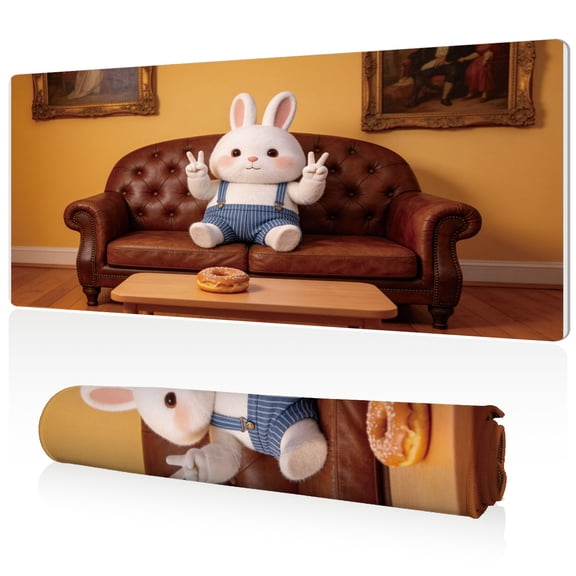 LIVEKEY Mouse Pad 80x40cm Extra Large Non Slip Stitched Edges Full Coverage Durable Easy Clean Cute Bunny in Overalls Making Peace Sign on Leather Sofa with Donut Art for Gaming Office