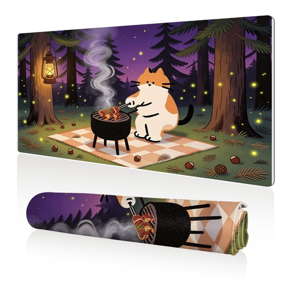 LIVEKEY Mouse Pad 80x40cm Extra Large Non Slip Stitched Edges Full Coverage Durable Easy Clean Cute Cat BBQ Night Forest Lantern Fireflies Picnic Art for Gaming Office
