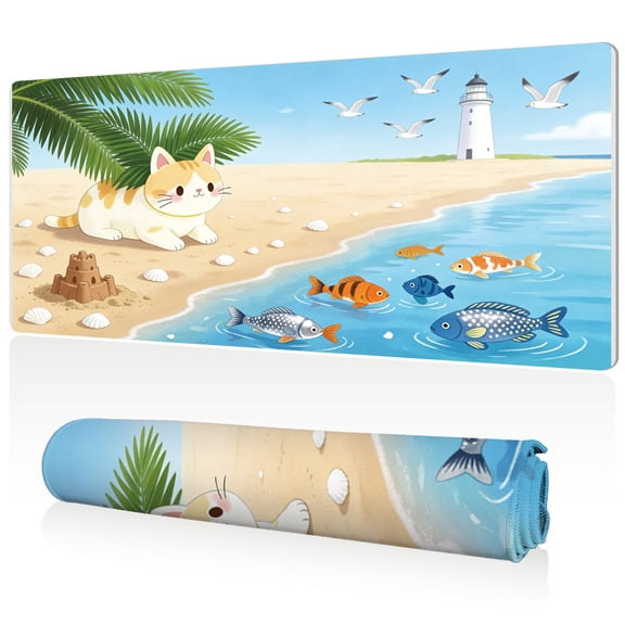 LIVEKEY Mouse Pad 80x40cm Extra Large Non Slip Stitched Edges Full Coverage Durable Easy Clean Cute Cat Beach Lighthouse Fish Art for Gaming Office