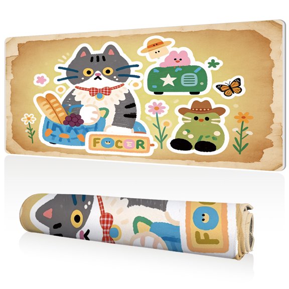 LIVEKEY Mouse Pad 80x40cm Extra Large Non Slip Stitched Edges Full Coverage Durable Easy Clean Cute Cat and Frog Picnic with Bread Grapes Car Art for Gaming Office