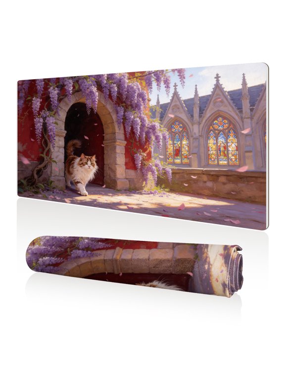 Mouse Pad 80x40cm Extra Large Non Slip Stitched Edges Full Coverage Durable Easy Clean Cute Cat Walking Out of Arched Door with Wisteria and Stained Glass Windows Art for Gaming Office