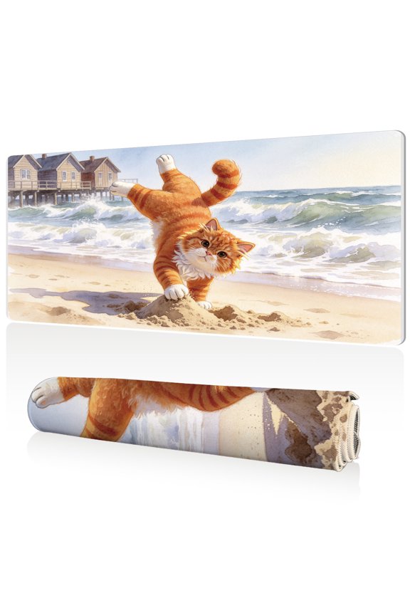 Mouse Pad 80x40cm Extra Large Non Slip Stitched Edges Full Coverage Durable Easy Clean Cute Ginger Cat Playing on Beach with Ocean Waves and Wooden Houses Art for Gaming Office