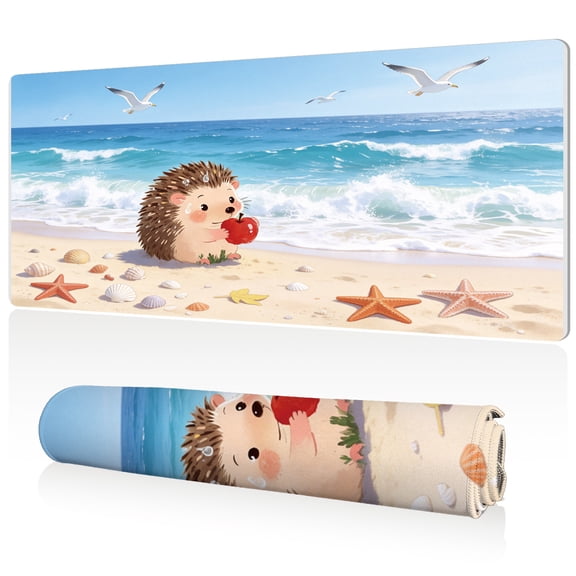 LIVEKEY Mouse Pad 80x40cm Extra Large Non Slip Stitched Edges Full Coverage Durable Easy Clean Cute Hedgehog Beach Seashell Seagull Art for Gaming Office