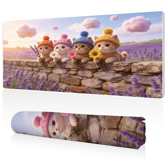LIVEKEY Mouse Pad 80x40cm Extra Large Non Slip Stitched Edges Full Coverage Durable Easy Clean Cute Kittens Lavender Field Stone Wall Art for Gaming Office