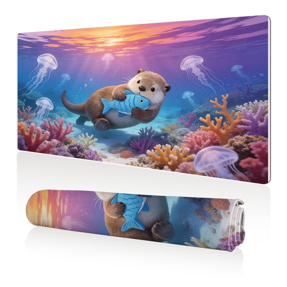 LIVEKEY Mouse Pad 80x40cm Extra Large Non Slip Stitched Edges Full Coverage Durable Easy Clean Cute Otter Holding Blue Fish Underwater Coral Jellyfish Sunset Art for Gaming Office