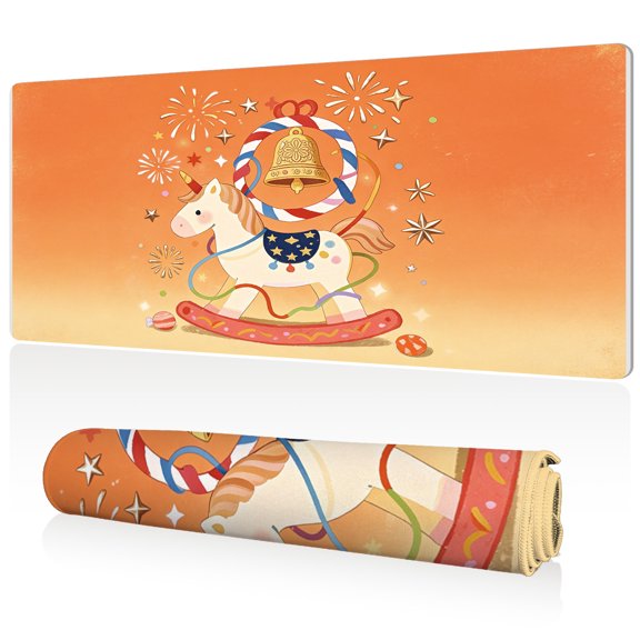 LIVEKEY Mouse Pad 80x40cm Extra Large Non Slip Stitched Edges Full Coverage Durable Easy Clean Cute Unicorn Rocking Horse Golden Bell Fireworks Orange Sky Art for Gaming Office