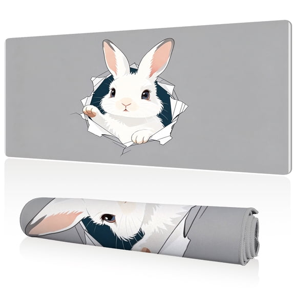 LIVEKEY Mouse Pad 80x40cm Extra Large Non Slip Stitched Edges Full Coverage Durable Easy Clean Cute White Rabbit Breaking Through Paper Gray Background Art for Gaming Office