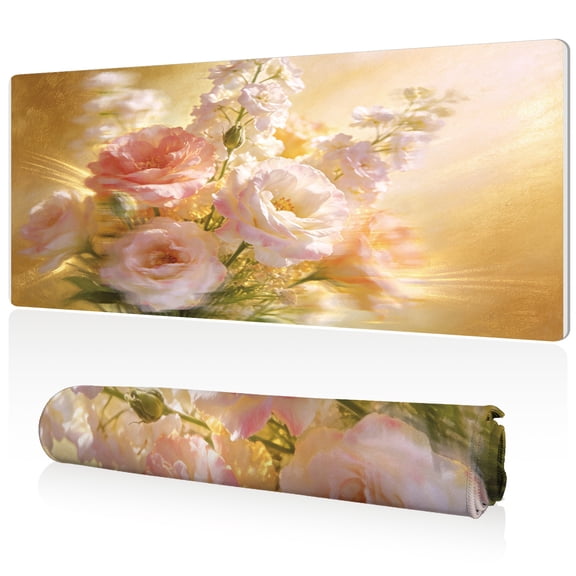 LIVEKEY Mouse Pad 80x40cm Extra Large Non Slip Stitched Edges Full Coverage Durable Easy Clean Elegant Pink Roses with Delicate Blooms on Golden Background Art for Gaming Office
