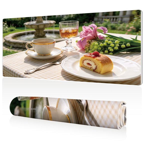 LIVEKEY Mouse Pad 80x40cm Extra Large Non Slip Stitched Edges Full Coverage Durable Easy Clean Garden Tea Time with Cake Flowers Fountain and Checkered Tablecloth Art for Gaming Office
