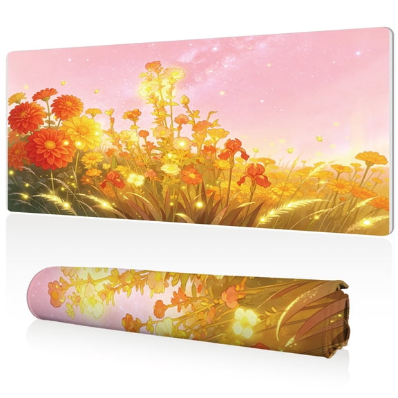 LIVEKEY Mouse Pad 80x40cm Extra Large Non Slip Stitched Edges Full Coverage Durable Easy Clean Glowing Fantasy Flower Field with Fireflies Pink Sky Art for Gaming Office