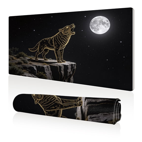 LIVEKEY Mouse Pad 80x40cm Extra Large Non Slip Stitched Edges Full Coverage Durable Easy Clean Golden Wolf Howling at Moon on Cliff Art for Gaming Office