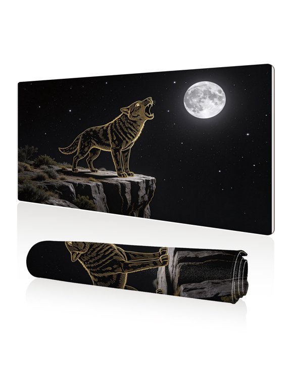 Mouse Pad 80x40cm Extra Large Non Slip Stitched Edges Full Coverage Durable Easy Clean Golden Wolf Howling at Moon on Cliff Art for Gaming Office
