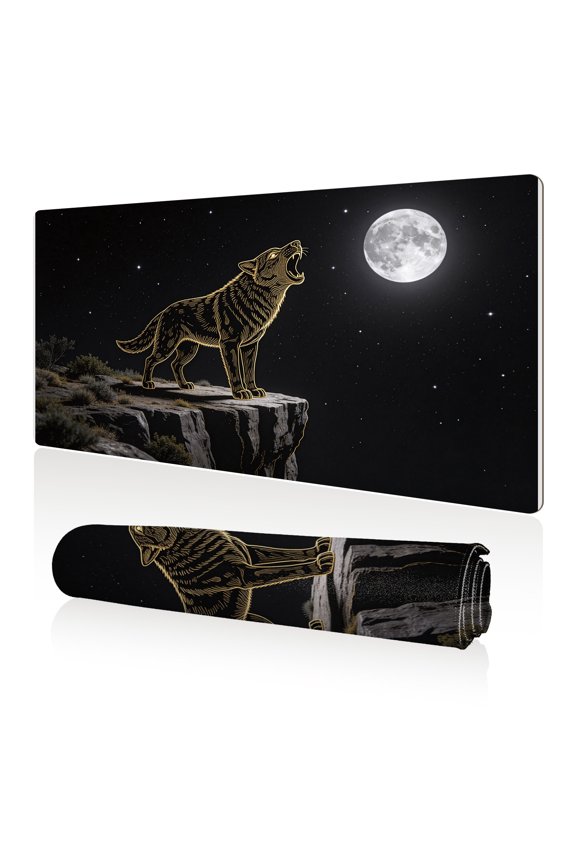Mouse Pad 80x40cm Extra Large Non Slip Stitched Edges Full Coverage Durable Easy Clean Golden Wolf Howling at Moon on Cliff Art for Gaming Office