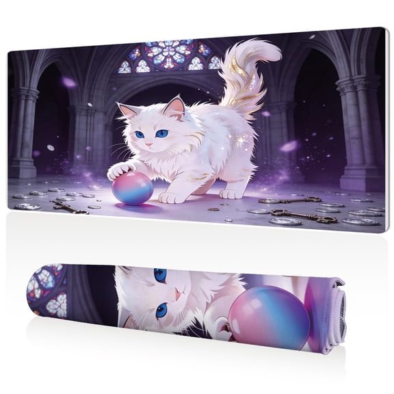 LIVEKEY Mouse Pad 80x40cm Extra Large Non Slip Stitched Edges Full Coverage Durable Easy Clean Magical White Cat with Crystal Ball in Gothic Cathedral Art for Gaming Office