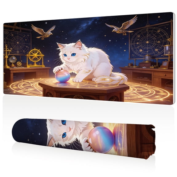 LIVEKEY Mouse Pad 80x40cm Extra Large Non Slip Stitched Edges Full Coverage Durable Easy Clean Magical White Cat with Crystal Ball in Steampunk Study Art for Gaming Office