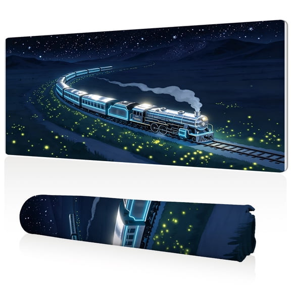 LIVEKEY Mouse Pad 80x40cm Extra Large Non Slip Stitched Edges Full Coverage Durable Easy Clean Night Train Fireflies Starry Sky Art for Gaming Office