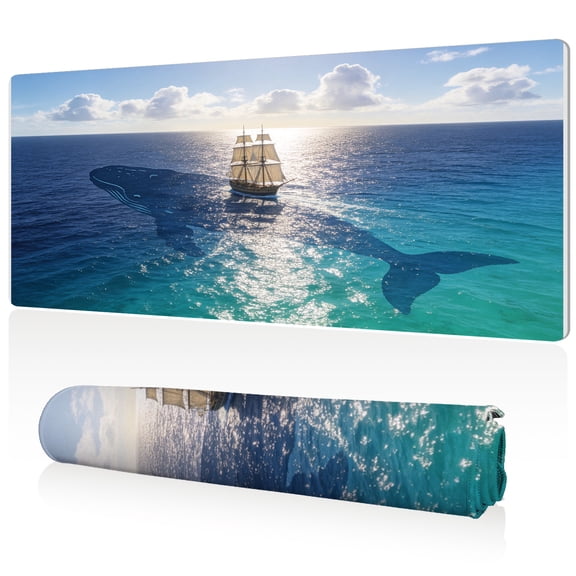 LIVEKEY Mouse Pad 80x40cm Extra Large Non Slip Stitched Edges Full Coverage Durable Easy Clean Ocean Whale Sailboat Sunset Art for Gaming Office