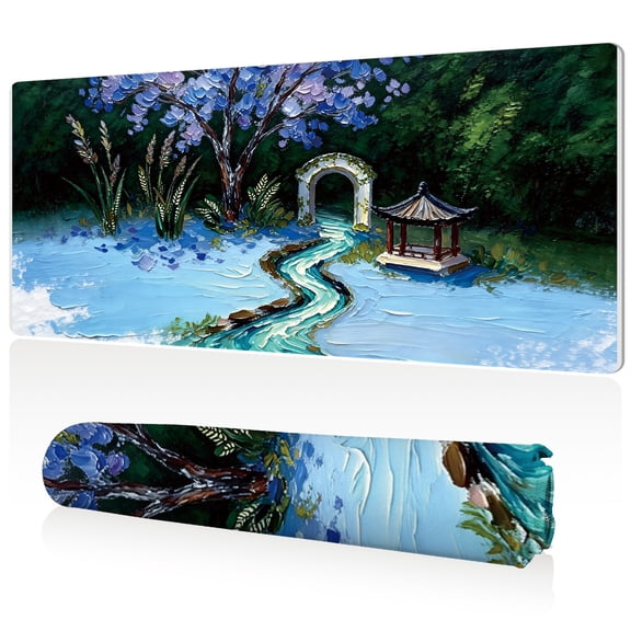 LIVEKEY Mouse Pad 80x40cm Extra Large Non Slip Stitched Edges Full Coverage Durable Easy Clean Oil Painting Style Garden With Pavilion Stream And Arch Bridge Art for Gaming Office