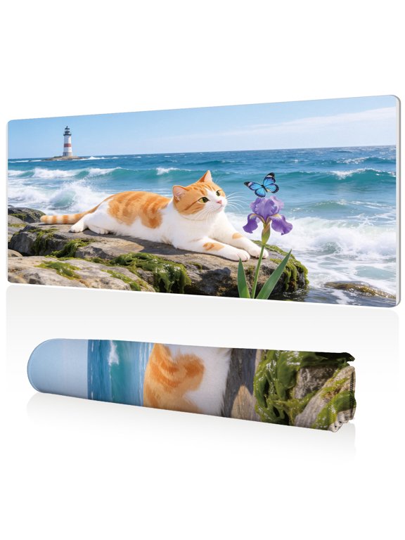Mouse Pad 80x40cm Extra Large Non Slip Stitched Edges Full Coverage Durable Easy Clean Orange Cat With Butterfly By The Seaside Art for Gaming Office
