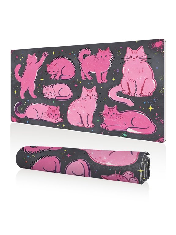 Mouse Pad 80x40cm Extra Large Non Slip Stitched Edges Full Coverage Durable Easy Clean Pink Cartoon Cats in Various Poses on Black Background with Colorful Stars Art for Gaming Office