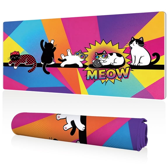 LIVEKEY Mouse Pad 80x40cm Extra Large Non Slip Stitched Edges Full Coverage Durable Easy Clean Pop Art Cats with MEOW Text Colorful Radial Background for Gaming Office