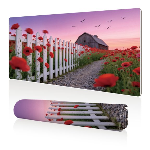 LIVEKEY Mouse Pad 80x40cm Extra Large Non Slip Stitched Edges Full Coverage Durable Easy Clean Poppy Field Fence Barn Sunset Art for Gaming Office