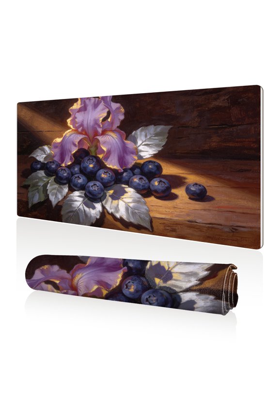 Mouse Pad 80x40cm Extra Large Non Slip Stitched Edges Full Coverage Durable Easy Clean Purple Iris Blueberries Painting Art for Gaming Office
