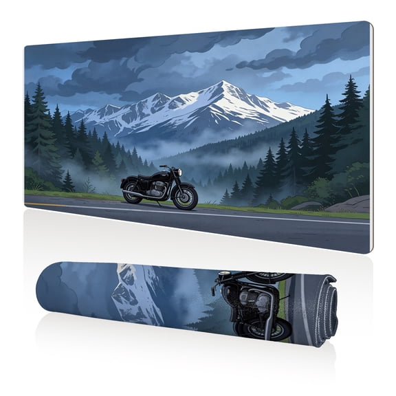 LIVEKEY Mouse Pad 80x40cm Extra Large Non Slip Stitched Edges Full Coverage Durable Easy Clean Retro Motorcycle Snowy Mountain Forest Road Art for Gaming Office