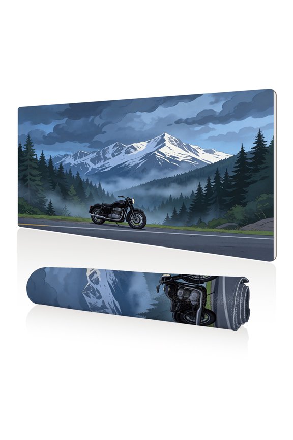 Mouse Pad 80x40cm Extra Large Non Slip Stitched Edges Full Coverage Durable Easy Clean Retro Motorcycle Snowy Mountain Forest Road Art for Gaming Office