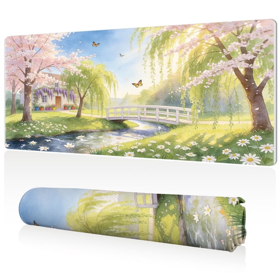 LIVEKEY Mouse Pad 80x40cm Extra Large Non Slip Stitched Edges Full Coverage Durable Easy Clean Spring Garden with Cherry Blossoms Willow Tree Bridge and Butterflies Watercolor Art for Gaming Office