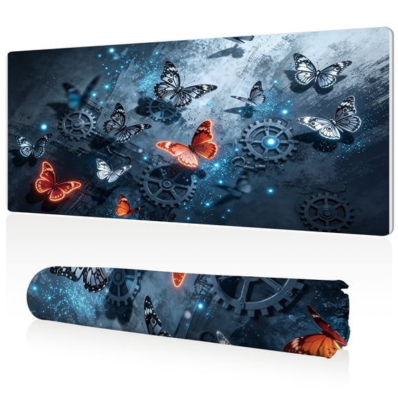 LIVEKEY Mouse Pad 80x40cm Extra Large Non Slip Stitched Edges Full Coverage Durable Easy Clean Steampunk Gears Butterflies Glowing Particles Art for Gaming Office