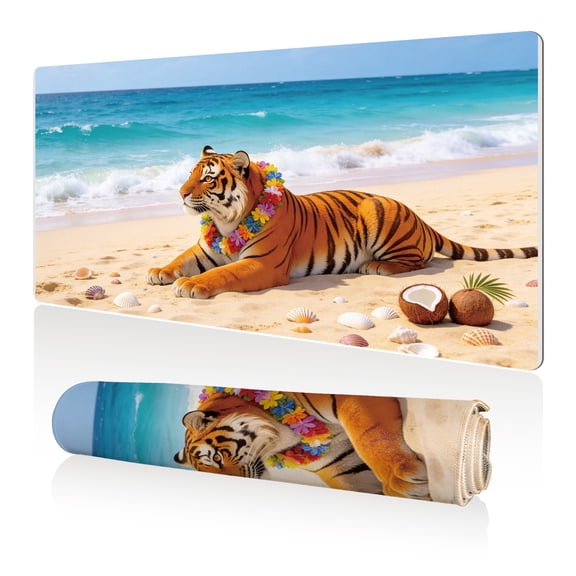 LIVEKEY Mouse Pad 80x40cm Extra Large Non Slip Stitched Edges Full Coverage Durable Easy Clean Tiger Beach Coconut Shell Art for Gaming Office