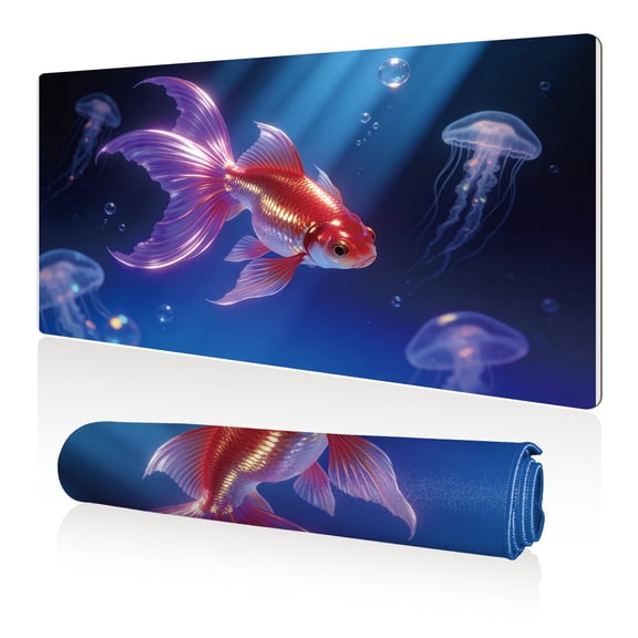 LIVEKEY Mouse Pad 80x40cm Extra Large Non Slip Stitched Edges Full Coverage Durable Easy Clean Underwater Goldfish Jellyfish Art for Gaming Office