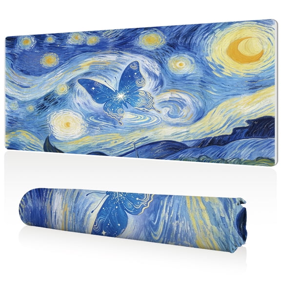 LIVEKEY Mouse Pad 80x40cm Extra Large Non Slip Stitched Edges Full Coverage Durable Easy Clean Van Gogh Starry Night Blue Butterfly Art for Gaming Office