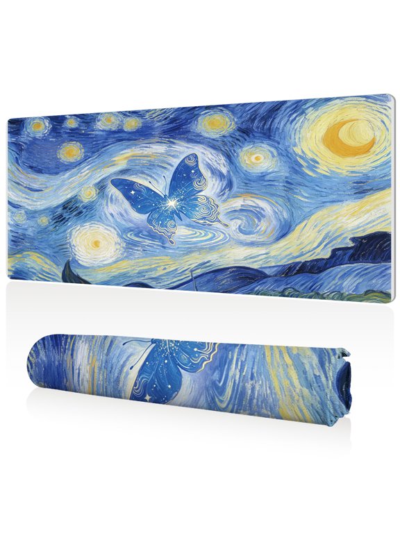 Mouse Pad 80x40cm Extra Large Non Slip Stitched Edges Full Coverage Durable Easy Clean Van Gogh Starry Night Blue Butterfly Art for Gaming Office