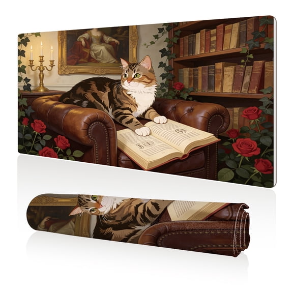 LIVEKEY Mouse Pad 80x40cm Extra Large Non Slip Stitched Edges Full Coverage Durable Easy Clean Vintage Cat Reading Book Leather Chair Roses Library Art for Gaming Office