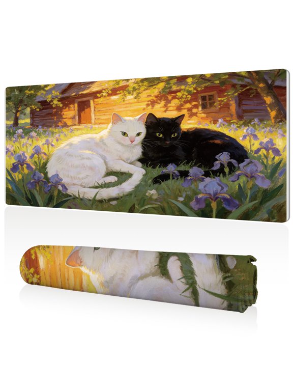 Mouse Pad 80x40cm Extra Large Non Slip Stitched Edges Full Coverage Durable Easy Clean White and Black Cats with Purple Irises in Front of Cabin Art for Gaming Office