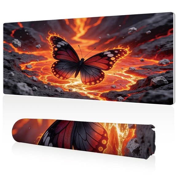 LIVEKEY Mouse Pad 80x40x0.3cm Butterfly on Fire Design Extra Large Full Desk Coverage Non Slip Durable Easy Clean Stitched Edges for Gaming and Office