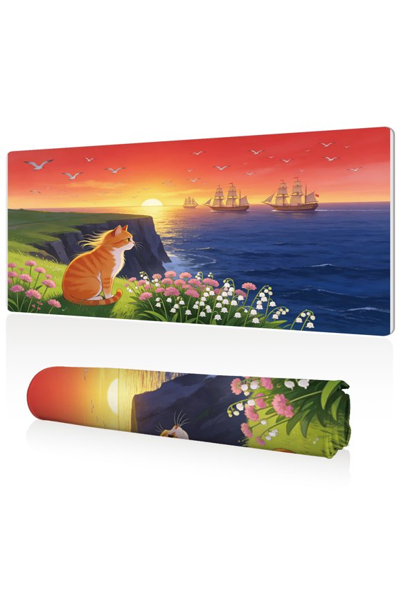 Mouse Pad 80x40x0.3cm Coastal Cat Sunset Extra Large Full Desk Coverage Non Slip Durable Easy Clean Stitched Edges for Gaming and Office
