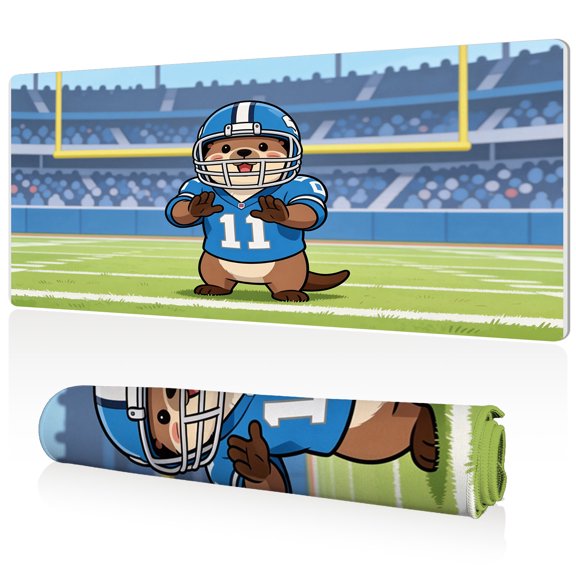 LIVEKEY Mouse Pad 80x40x0.3cm Cute Otter Football Player in Blue Jersey on Stadium Field Extra Large Full Desk Coverage Non Slip Durable Easy Clean Stitched Edges for Gaming and Office