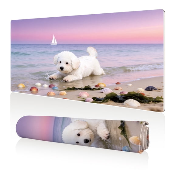 LIVEKEY Mouse Pad 80x40x0.3cm Cute White Puppy Playing on Beach with Shells and Sailboat Extra Large Full Desk Coverage Non Slip Durable Easy Clean Stitched Edges for Gaming and Office