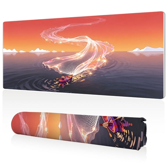 LIVEKEY Mouse Pad 80x40x0.3cm Fisherman Casting Net at Sunset Extra Large Non Slip Full Desk Coverage Durable Easy Clean Stitched Edges for Gaming and Office Use