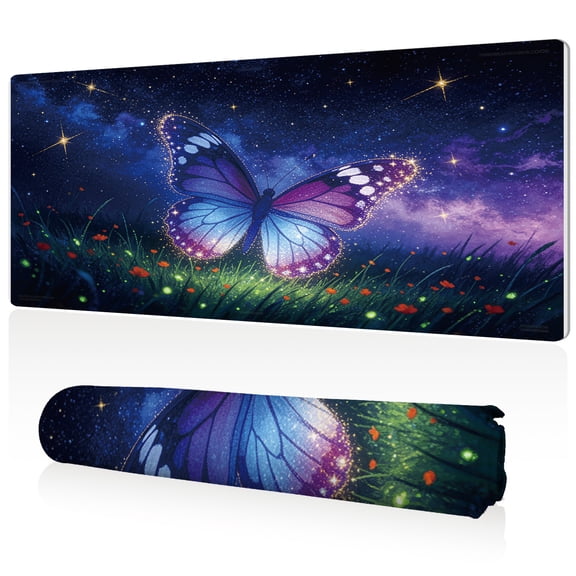 LIVEKEY Mouse Pad 80x40x0.3cm Glowing Butterfly on Starry Night Meadow Design Extra Large Full Desk Coverage Non Slip Durable Easy Clean Stitched Edges for Gaming and Office