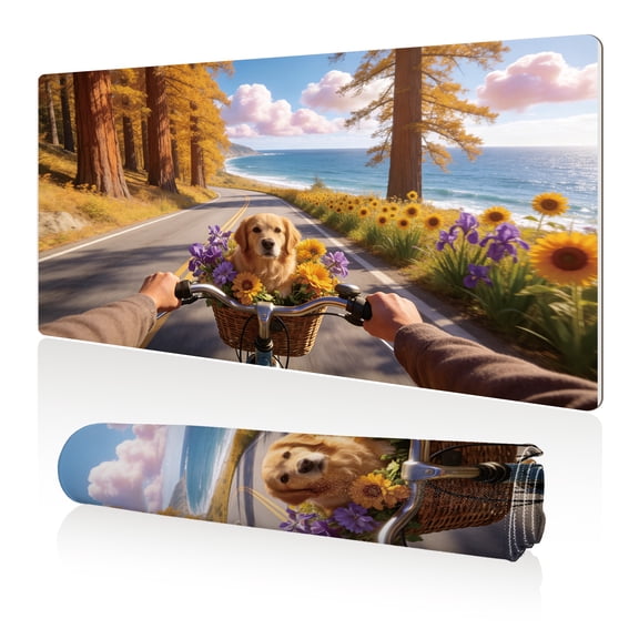 LIVEKEY Mouse Pad 80x40x0.3cm Golden Retriever on Bicycle in Autumn Coastal Road Extra Large Full Desk Coverage Non Slip Durable Easy Clean Stitched Edges for Gaming and Office