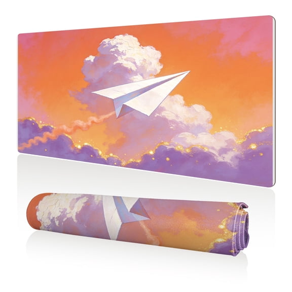 LIVEKEY Mouse Pad 80x40x0.3cm Paper Plane Flying in Vibrant Sunset Sky with Clouds and Golden Sparkles Extra Large Full Desk Coverage Non Slip Durable Easy Clean Stitched Edges for Gaming and Office