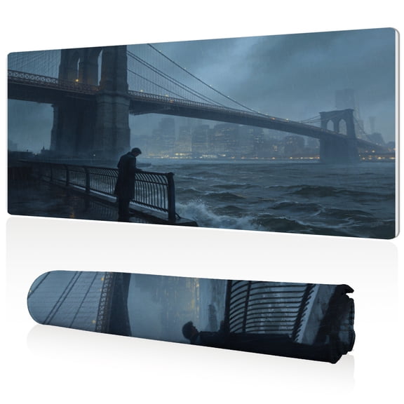 LIVEKEY Mouse Pad 80x40x0.3cm Rainy Night Brooklyn Bridge City Skyline Design Extra Large Full Desk Coverage Non Slip Durable Easy Clean Stitched Edges for Gaming and Office