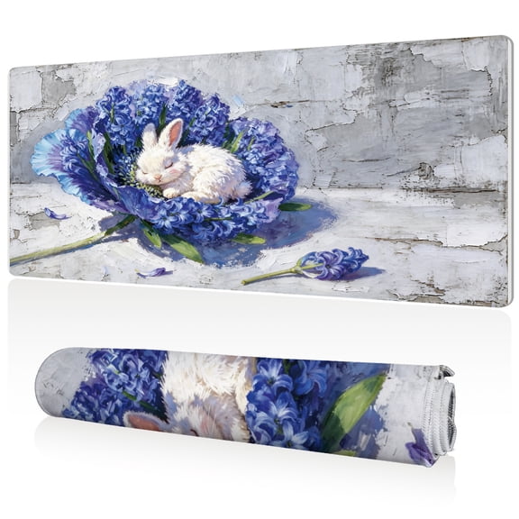 LIVEKEY Mouse Pad 80x40x0.3cm Sleeping Rabbit in Blue Hyacinths on Vintage Wall Extra Large Full Desk Coverage Non Slip Durable Easy Clean Stitched Edges for Gaming and Office