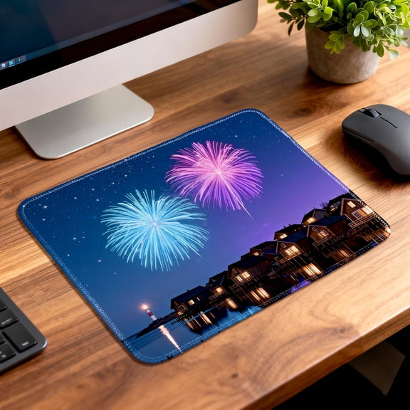 LIVEKEY Mouse Pad Durable Easy Clean Anti Slip Sewn Edge with Night Fireworks Lighthouse Scene for Gaming and Office Desk 26x21cm