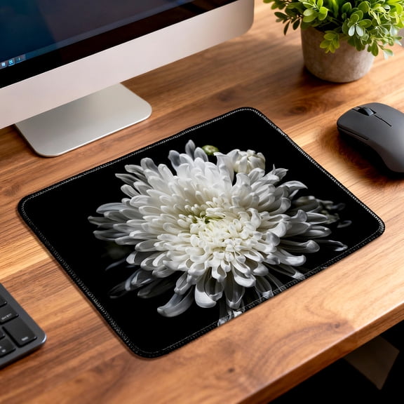 LIVEKEY Mouse Pad Durable Easy Clean Anti Slip Stitched Edge White Chrysanthemum Flower Design for Gaming Office Desk 26x21cm